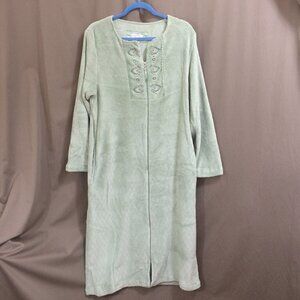 Vintage Oscar de la Renta Robe Fleece Zip Front Lt Green Embroidered Bodice S/M
